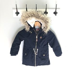 H & M girl's navy winter coat faux fur hood 4-5Y
